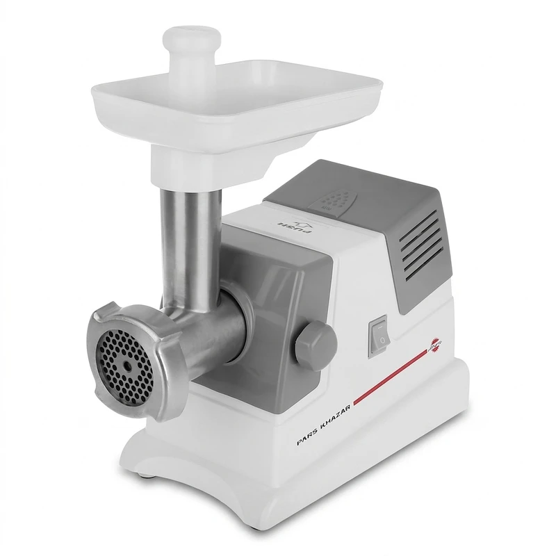 چرخ‌گوشت 700 وات پارس خزر مدل MG-1400R، با خروجی 1200 گرم در دقیقه، قابلیت چرخش معکوس، تیغه فولادی و 2 شبکه چرخ‌کردن
