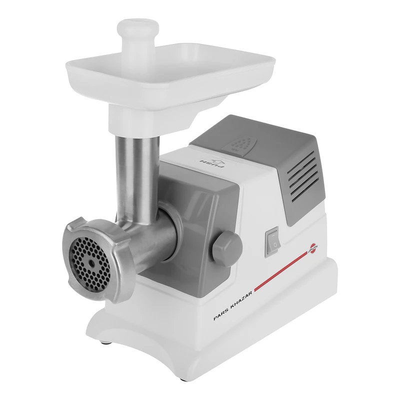 چرخ‌گوشت 700 وات پارس خزر مدل MG-1400R، با خروجی 1200 گرم در دقیقه، قابلیت چرخش معکوس، تیغه فولادی و 2 شبکه چرخ‌کردن