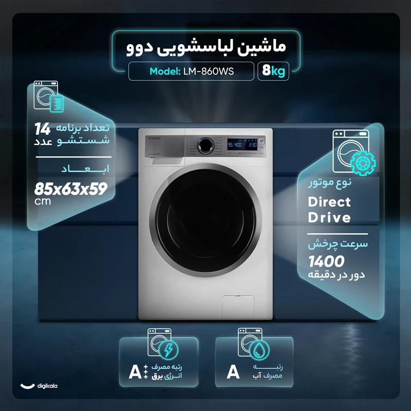 ماشین لباسشویی 8 کیلوگرم اتوماتیک دوو مدل LM-860WS